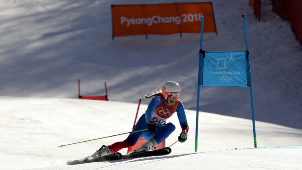 Freydís Halla Einarsdóttir á fleygiferð í brautinni í dag