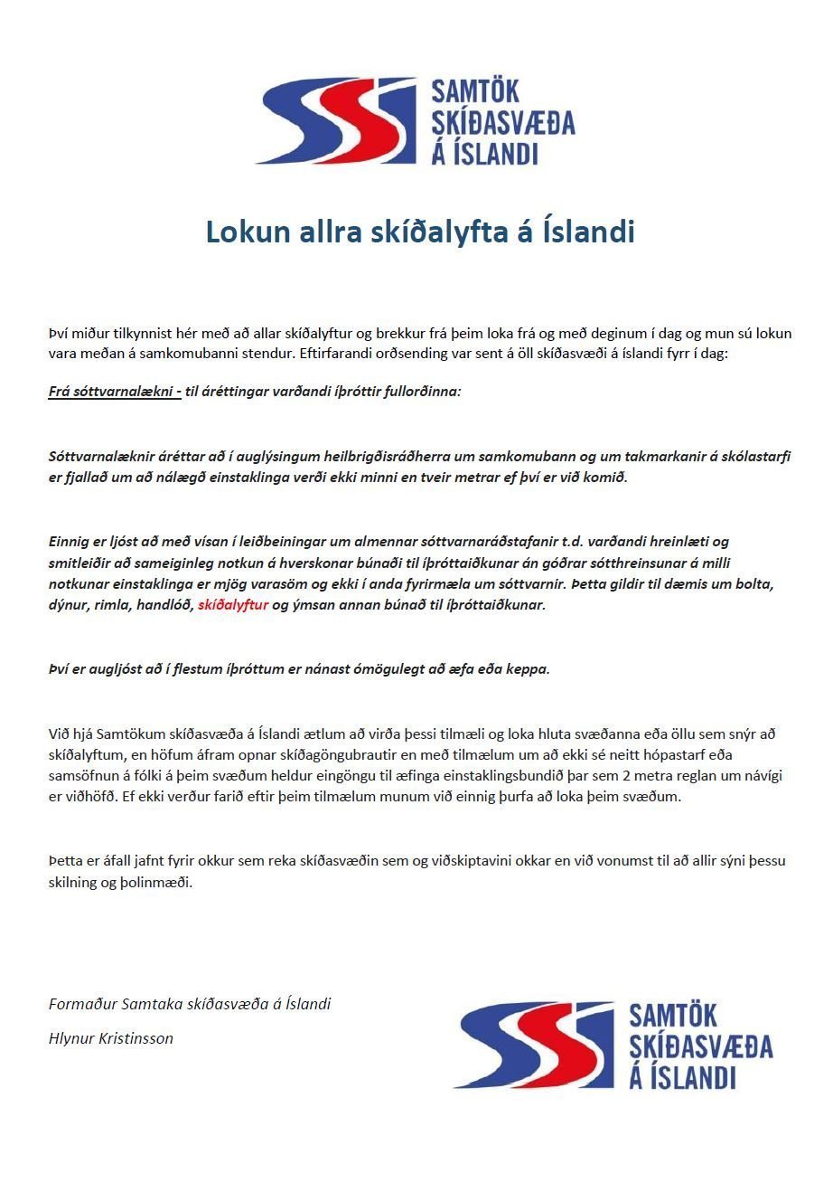 Lokun allra skíðalyfta á Íslandi